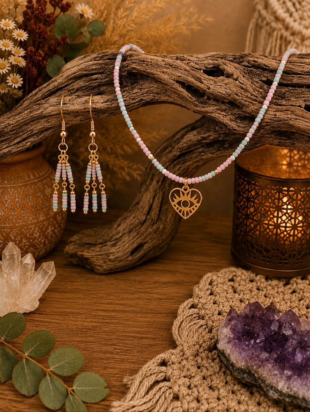 Delicate Boho Beaded Jewelry Set with Gold Evil Eye Heart Pendant